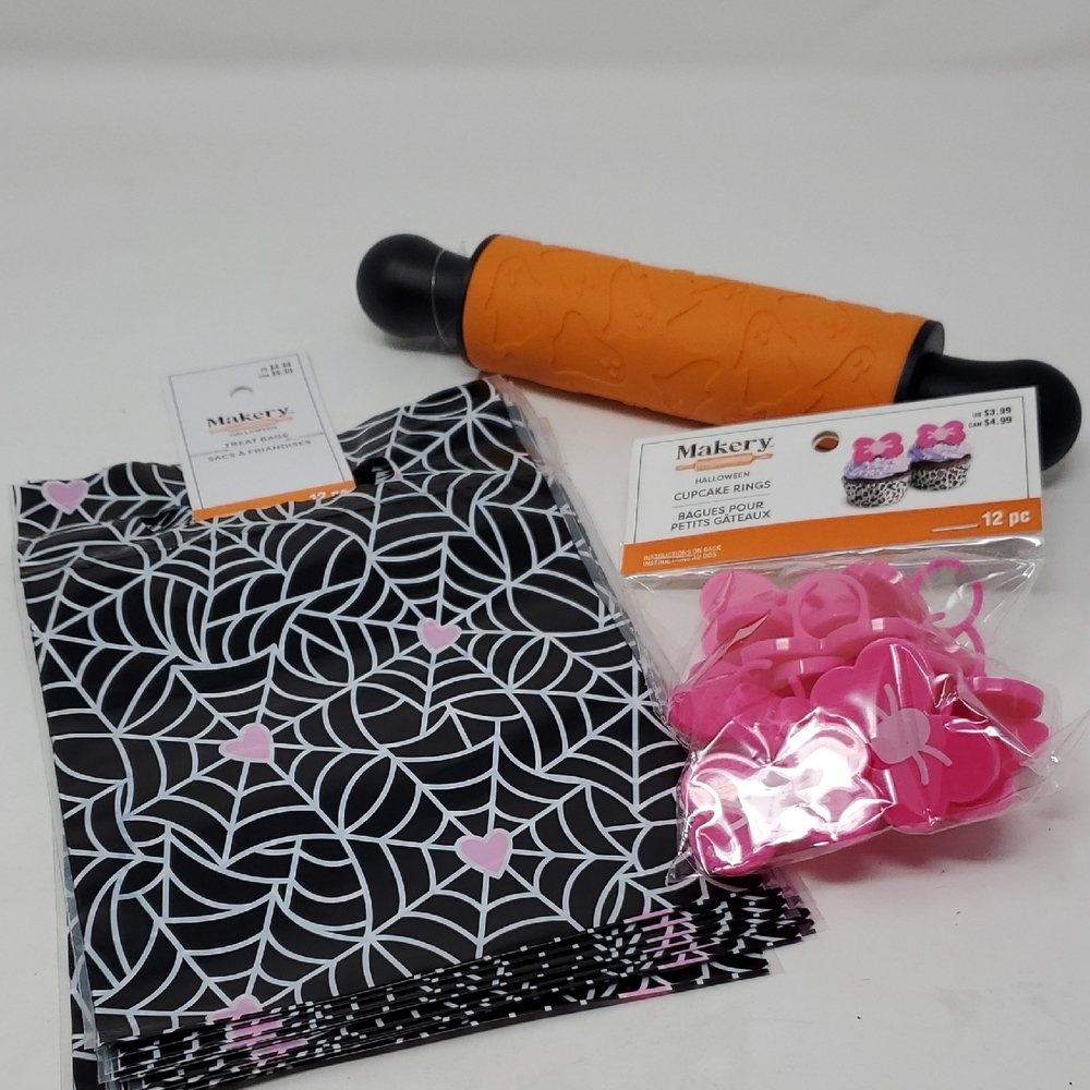 Orange Silicone GHOST  Rolling Pin and Pink Cupcake Rings, Treat Bags Set